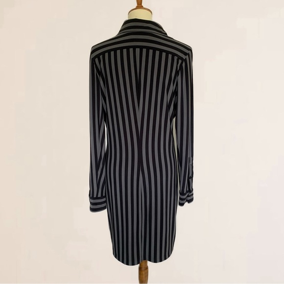 Norma Kamali Shirt Dress Gray Black Vertical Stripe Button Down Classic Collar - Picture 5 of 9